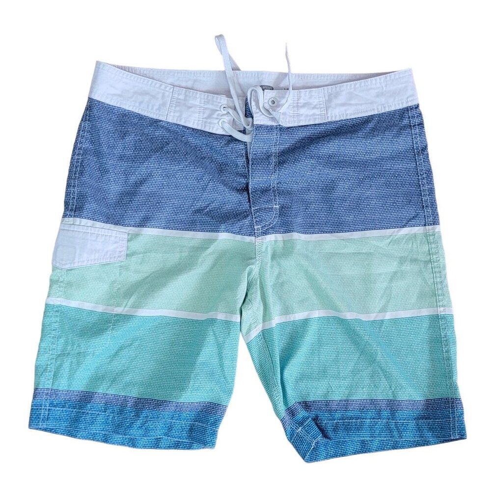 Old Navy Mens Striped Swim Trunks L Blue/Green Polyester Drawstring Boardshorts